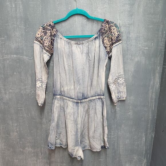 MISS ME CHAMBRAY & LACE KEEPSAKE ROMPER DENIM JUMPSUIT Small Pockets - Picture 7 of 14